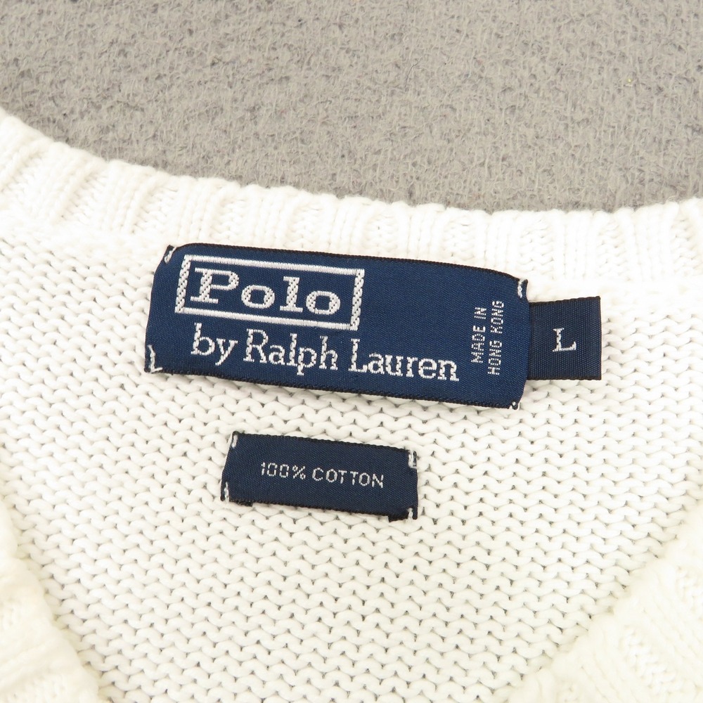 VTG Polo Ralph Lauren Mens Large Sweater Vest Chunky Knit 90s Cream Navy Pony